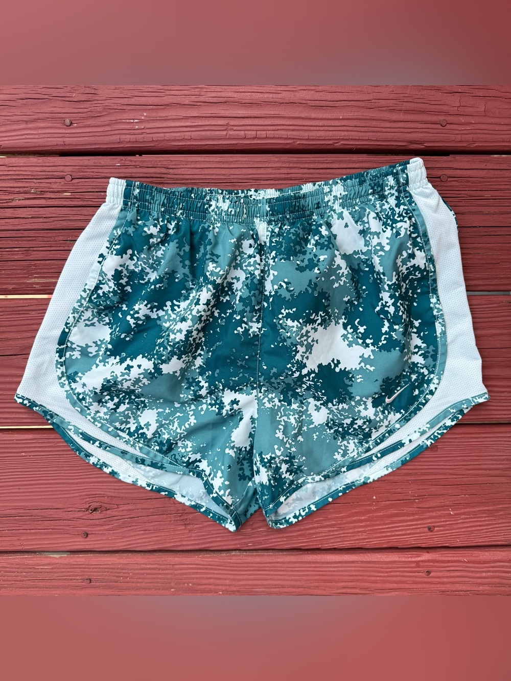 Nike Women’s Teal Camo Athletic Shorts with White Panels
